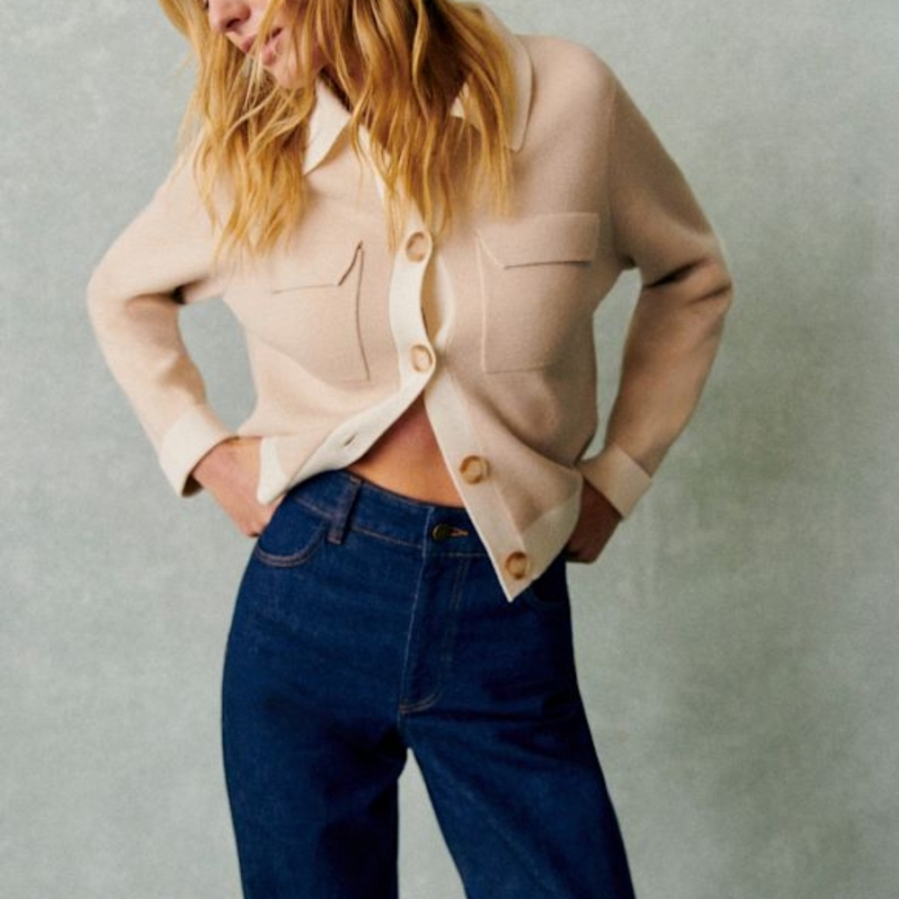 Sezane Betty Cardigan Vanilla Color w White Trim